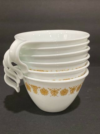 Vtg Corelle Gold Butterfly Flower Pyrex Hook Handle Cups Mugs Set Of 6