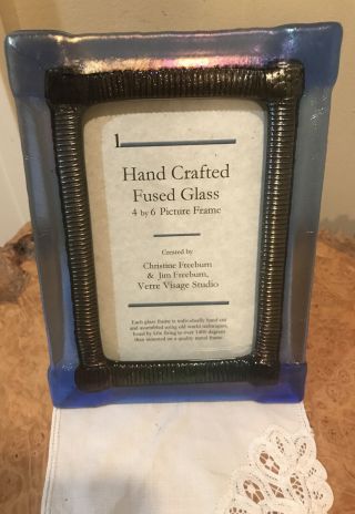Blue Iridescent Fused Art Glass Photo Frame Verre Visage Studio Artist Freeburn