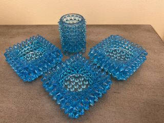 Fenton Set Of 3 Vintage Blue Hobnail Glass Salt Votive Candle Holder & Toothpick