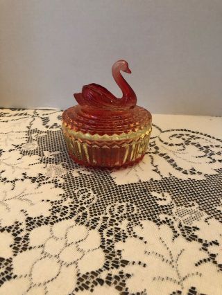 Vintage Red Glass Swan Covered Powder Dish/ Candy Dish Jeanette Amberina Color