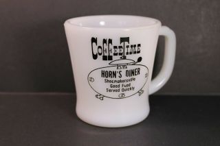 Vintage Fire King White Milk Glass D Handle Mug Cup Coffee Time Advertising