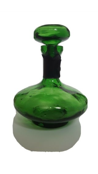Vintage Green Glass Decanter With Stopper And Faux Leather Wrapped Neck