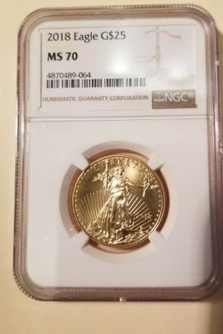 2018 Gold Eagle $25 1/2 Oz Gold.  Ngc Ms70 Perfect Graded Coin Low Mintage