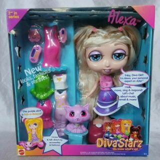 Diva Starz Alexa Doll 9 " 2001 Mattel Purple Cat Big Eyed Rooted Eyelashes Box