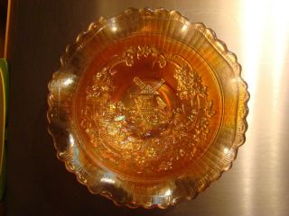 Vintage Imperial Marigold Carnival Glass Ruffled Bowl Windmill Relief Design