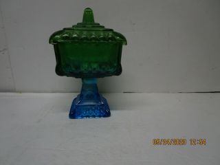 Vintage Green And Blue Carnival Glass Wedding Compote Marked 6