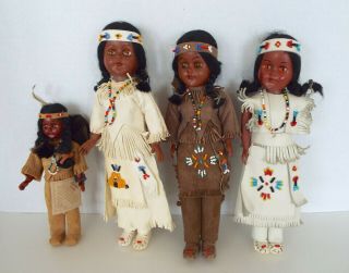 Vintage Native American Dolls 7 " - 11 " Leather Suede Beaded Clothing Carlson Usa