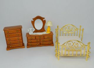 Vintage Dollhouse Furniture Bed Room Set Brass Bed & Dressers 1:24 1/2 Scale 2
