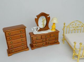 Vintage Dollhouse Furniture Bed Room Set Brass Bed & Dressers 1:24 1/2 Scale 3