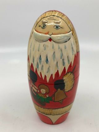 Vintage Santa Nesting Dolls Wooden Set Of 5 Christmas Hand Painted [a1]