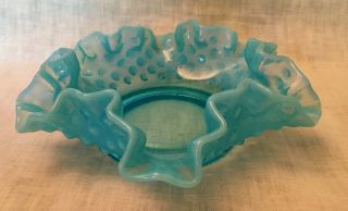 Vintage Fenton Turquoise Blue Opalescent Hobnail Glass Ruffled Dish 6 "