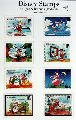 Antigua & Barbuda Redonda 1988 Finlandia Disney Cartoon Characters 8v Mh Stamps