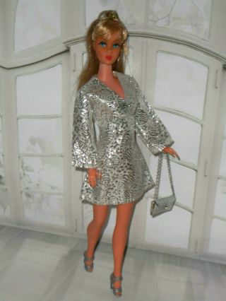Vintage Barbie Vhtf Mod Clone Silver Mini Dress Unique Print Silver Purse Heels