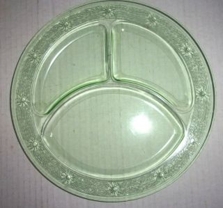 Vintage Green Depression Glass Grill Plate W/ Floral & Leaf Rim