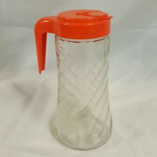 Vintage Tang Glass Jar Juice Pitcher Orange Plastic Pour Lid Anchor Hocking 1qt.