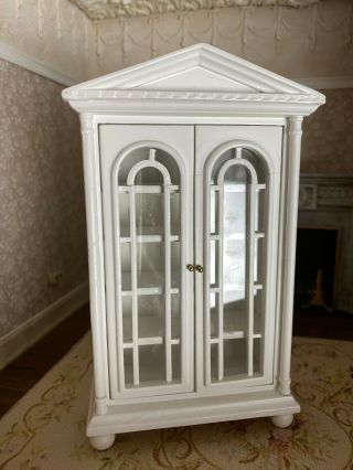 Vintage Miniature Dollhouse White Tall Wood Glass Display Cabinet Solid & Pretty