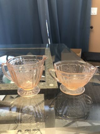 Mayfair Open Rose Pink Depression Glass Creamer And Sugar Bowl Set