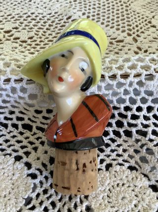 Antique German Porcelain Half Doll Flapper Woman Head On Cork 2 3/8”