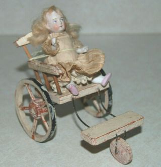 Small Vintage Bisque Cute Baby Doll In A Wooden Doll Carriage / Stroller