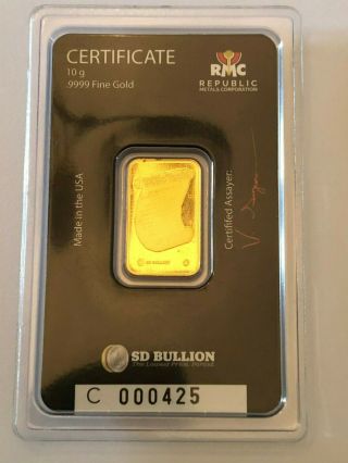 10 Gram Gold Bar.  9999 Fine In Assay Rmc Republic Metals Corp.