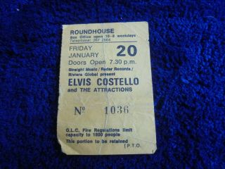 Elvis Costello And The Attractions 20th Jan 1978 The Roundhouse Concert Ticket