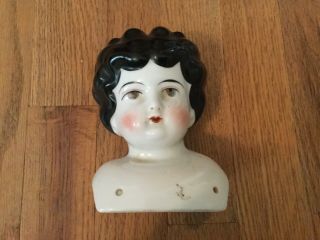 5 " Vintage Antique Porcelain Doll Head Shoulder Doll Part - Black Hair Gray Eyes