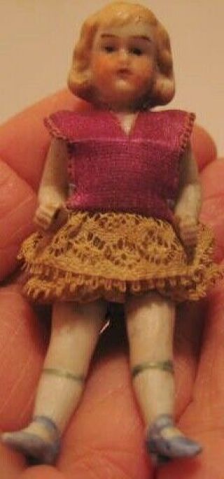 Old Miniature 2 1/2 " Jointed German Bisque Dollhouse Doll - Clothes Painted Hair