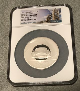 2020 Uk 007 Bond 5oz £10 Silver Pf70 Ultra Cameo 1 Of First 250 Struck In Hand