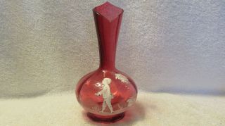 Mary Gregory Style Cranberry Art Glass Vase 8” Tall,  It 