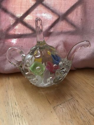 Vintage Glass Art Paperweight Teapot With Flowers Signed Joe St Clair