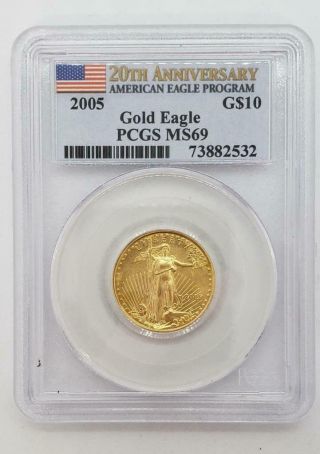 2005 - Us 1/4ozt Gold $10 Eagle Coin Pcgs Ms69 20th Anniv.  L8091