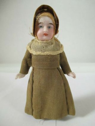 Antique German Bisque Lady Doll With Jointed Arms & Dress 3 3/4 Inches