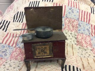 1800’s Antique Germany Dollhouse Miniature Tin Stove W/ Accessories