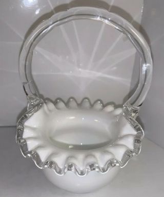 Vintage Fenton Silvercrest White Milk Glass Ruffled Basket Bowl Candy Dish