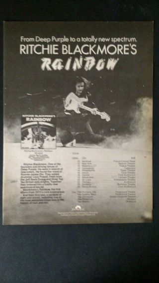 Ritchie Blackmore From Deep Purple Rainbow Tour Dates 1975 Promo Poster Ad