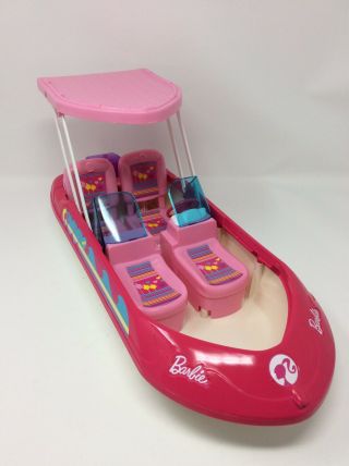 Mattel Barbie Doll Glam Boat Speedboat With Canopy Pink White 2013 4 Seats 17 "