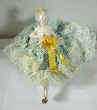 Antique German Porcelain Victorian Lady Half Doll With Legs Pin Cushion