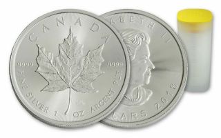 Roll Of 25 - 2018 1 Oz Canadian Silver Maple Leaf.  9999 Fine $5 Coin Bu