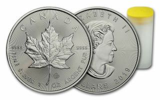 Roll Of 25 - 2019 1 Oz Canadian Silver Maple Leaf.  9999 Fine $5 Coin Bu