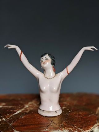 Antique German Porcelain Half Doll 1930s Art Deco Figure Pin Cushion Flapper