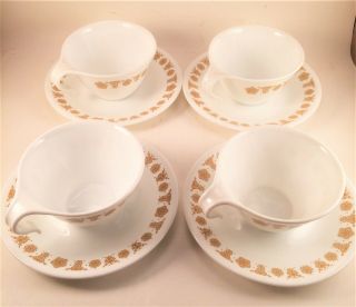 Vintage Corelle Butterfly Gold Set Of 4 Coffee Cups Mugs Hook Handles & Saucers