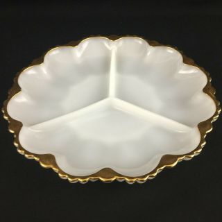 Vtg Divided Relish Tray By Anchor Hocking Fire King White Milk Glass Gold Trim