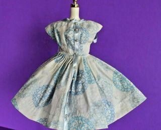 Vintage Petite Fashions By Debutante Tag Blue White Print Pearl Dress For Barbie
