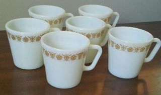 Set Of 6 Vintage Pyrex Milk Glass Butterfly Gold D - Handle Coffee Mugs/cups Unuse