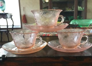 Macbeth Evans Depression Glass Pink Cups & Saucers Dogwood Set Of 3 1930 