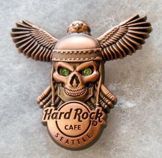 Hard Rock Cafe Seattle 3d Copper Skull Wearing Antique Helmet & Hawk Pin 95456