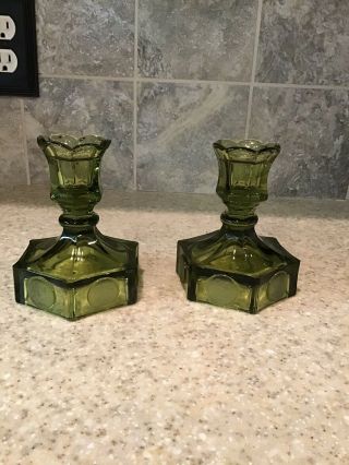Vintage Fostoria Glass Avocado Green Coin & Liberty Bell Candle Stick Holders