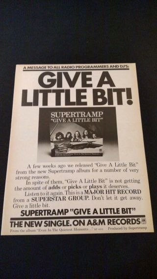 Supertramp " Give A Little Bit " (1977) Rare Print Promo Poster Ad