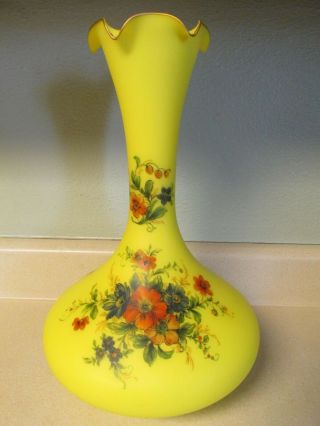 Norleans Large Frosted Yellow Glass Vase W/gold Trim Flowers Made In Italy 15 "