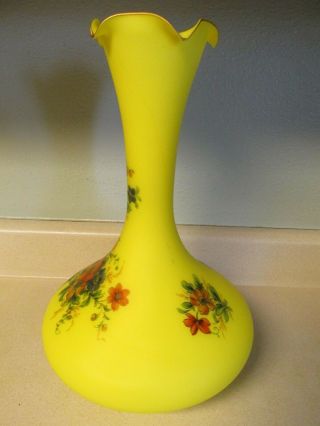 NORLEANS LARGE FROSTED YELLOW GLASS VASE W/GOLD TRIM FLOWERS MADE IN ITALY 15 